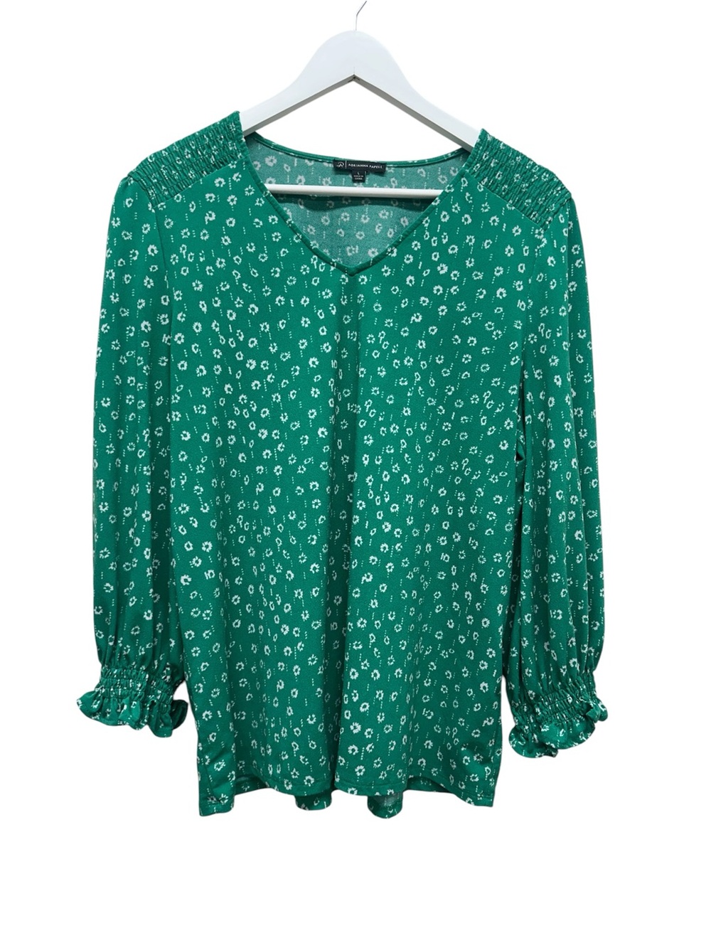 Adrianna Papell Womens Ditsy Floral Blouse Green White Boho Cottage Smocked Sz L - Picture 1 of 9